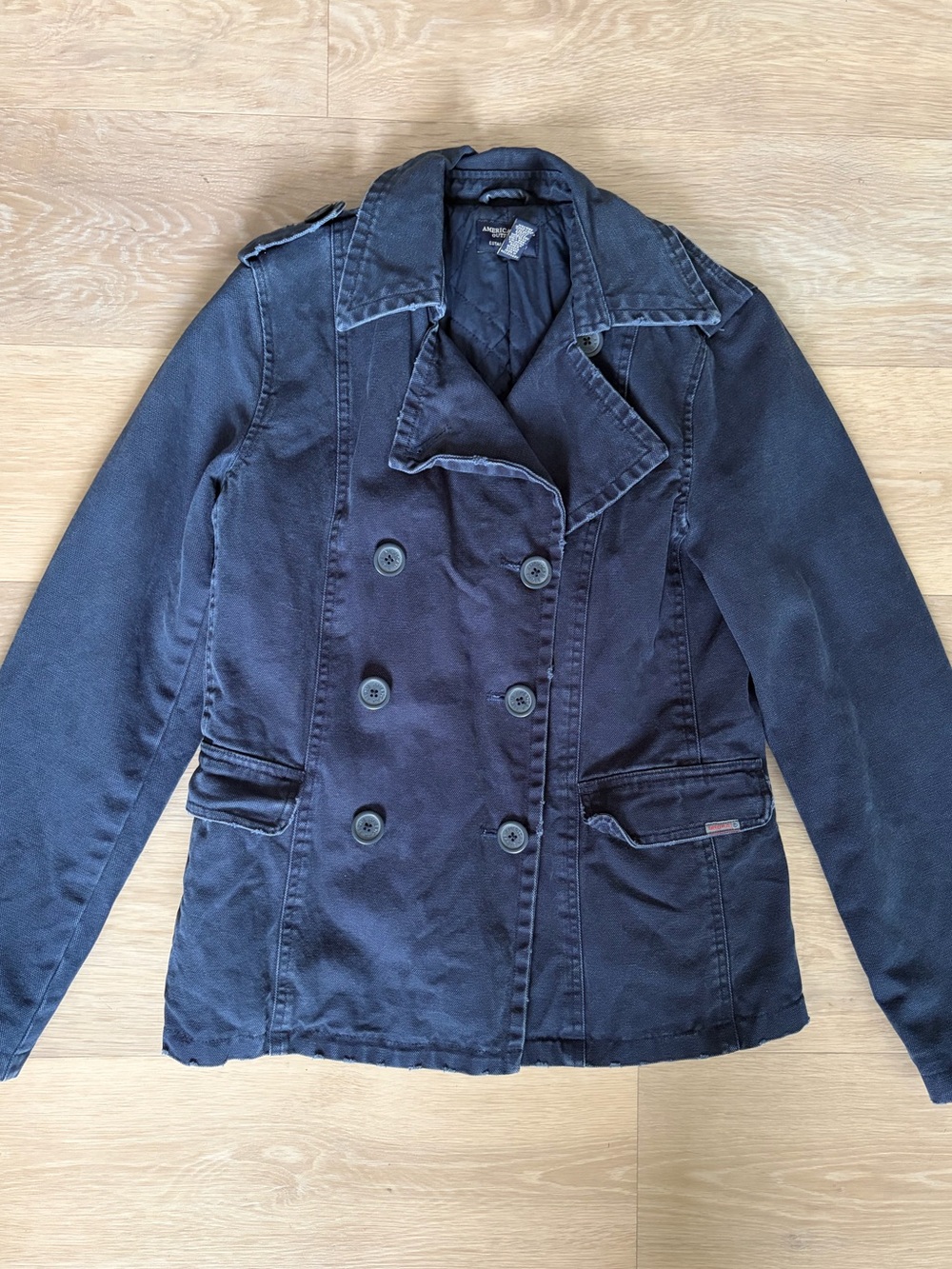American Eagle Y2K Washed Black Double Breasted Military Jacket Small